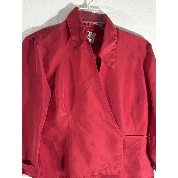 ICE Women's 100% Silk Bright Hot Red  Wrap Lined Blouse Long Sleeve Size 8 - Picture 5 of 7